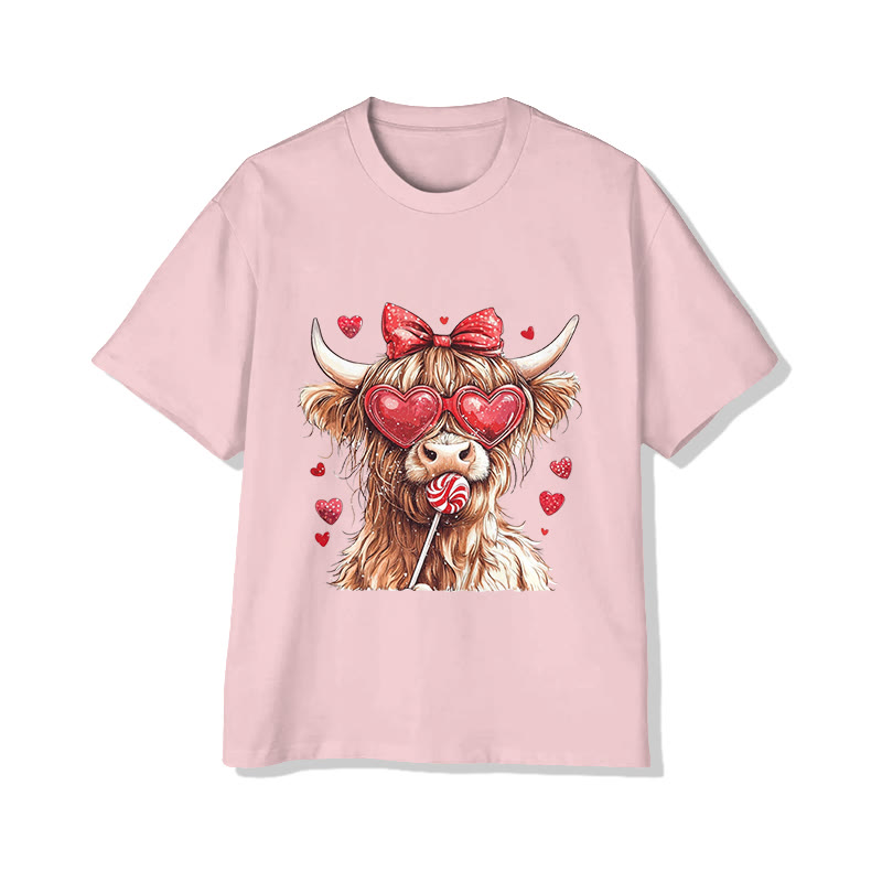 Unisex Valentine Cow Eating Lollipop Print Short Sleeved Crew Neck T-shirt - Pink - 2XL - image 5