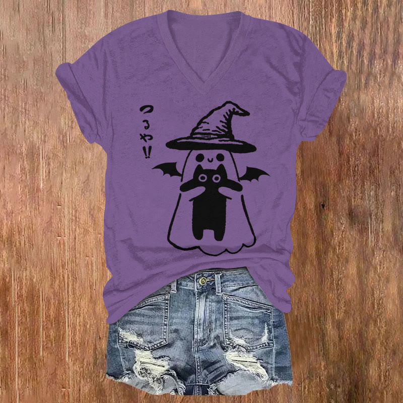 Women's Halloween Ghost Holding Black Cat Art T-shirt - Purple - US32-34(5XL) - image 2