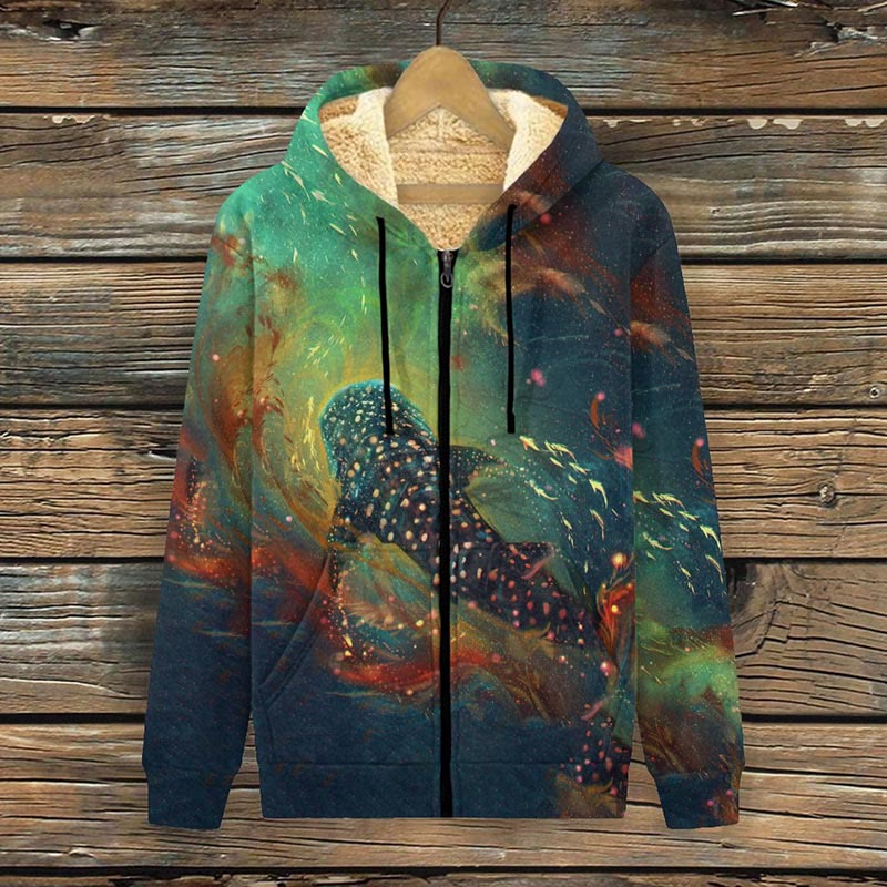 Dream Whale Nebula Print Fleece Jacket - Green - 4XL - image 1