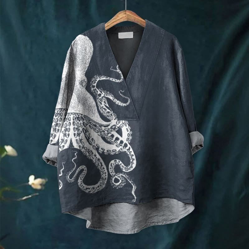 Japanese Art Octopus Graphic Print Casual V-neck Blouse - image 4
