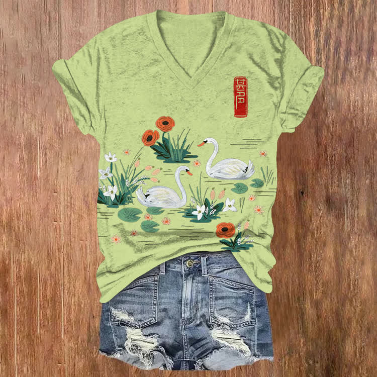Japanese Swan Lake Pattern Print Short Sleeved V-Neck T-Shirt - Mint - US32-34(5XL) - image 4