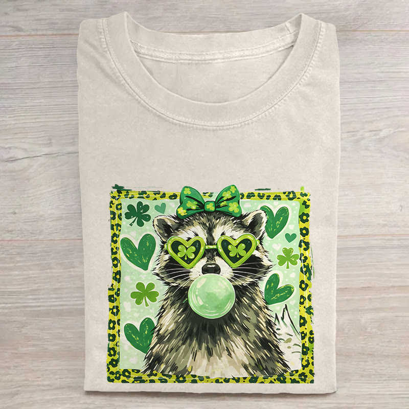 Irish Raccoons And Lucky Clover Charms Pattern Print Acid Washed T-shirt - Apricot - US20-22(3XL) - image 4