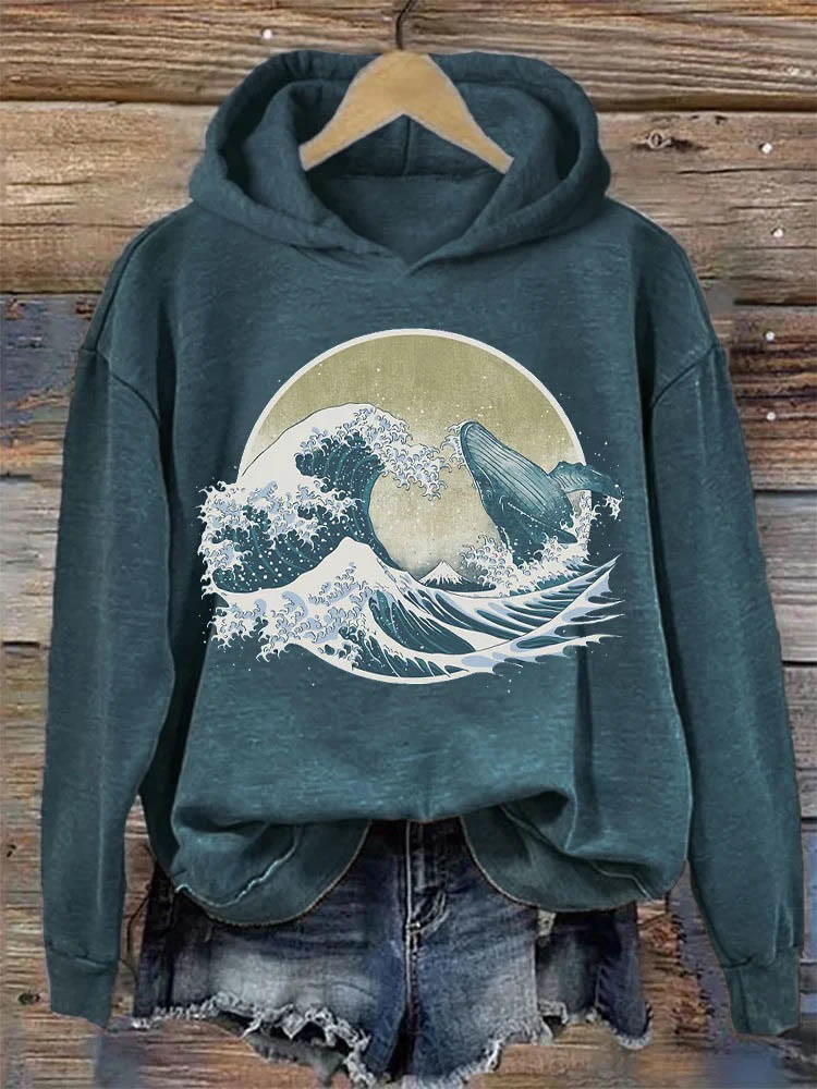 Whale Breach Japanese Art Vintage Hoodie - Dark Blue - 8XL - image 3