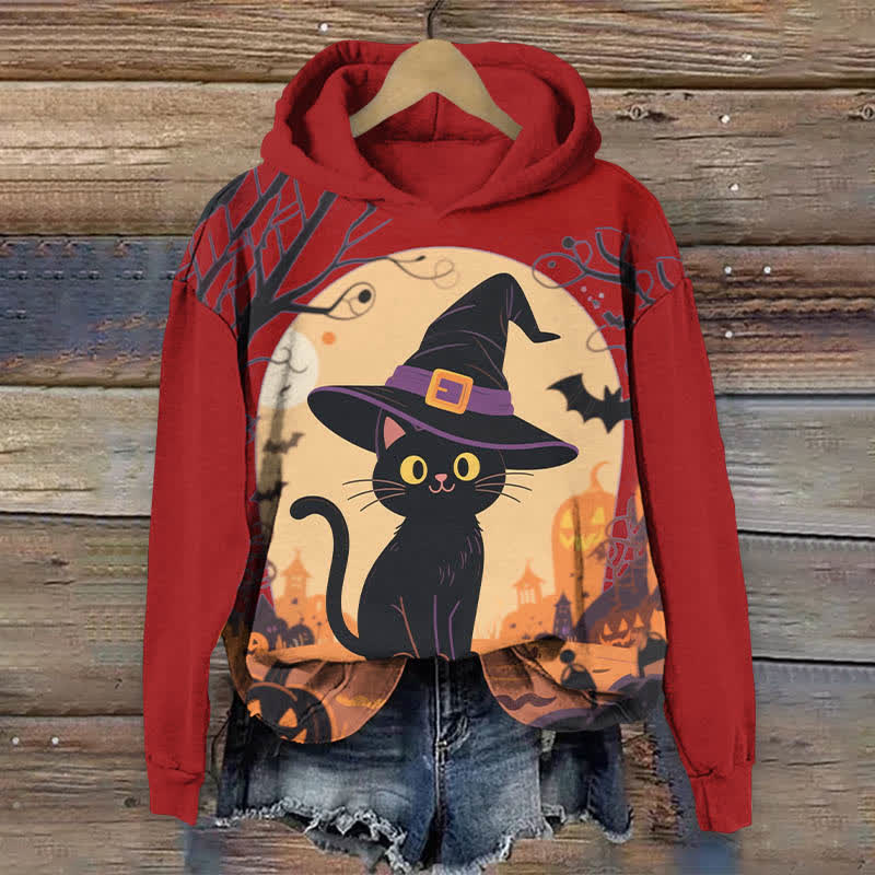 Halloween Lovely Wizard Black Cat Print Long Sleeve Hoodie - Red - US44-46(8XL) - image 4
