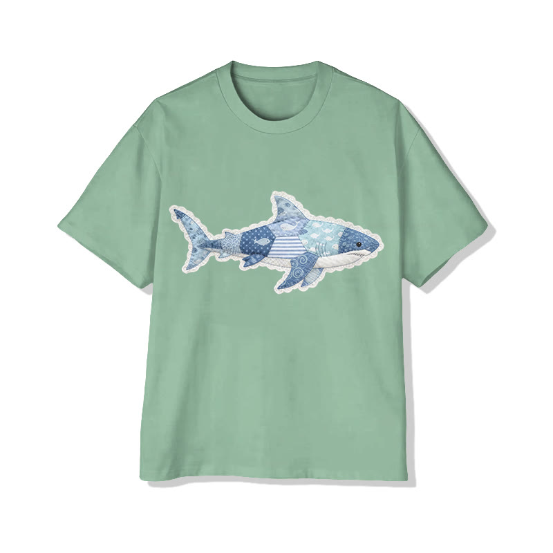 Ocean Shark Art Lace pattern Print Pattern Cotton Print T-Shirt - Light Green - US16-18(2XL) - image 5