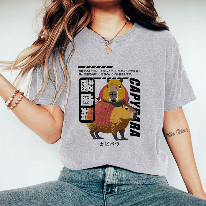 100% Cotton Funny Japanese Capybara Rodents Print T-shirt - Grey - 2XL - image 4