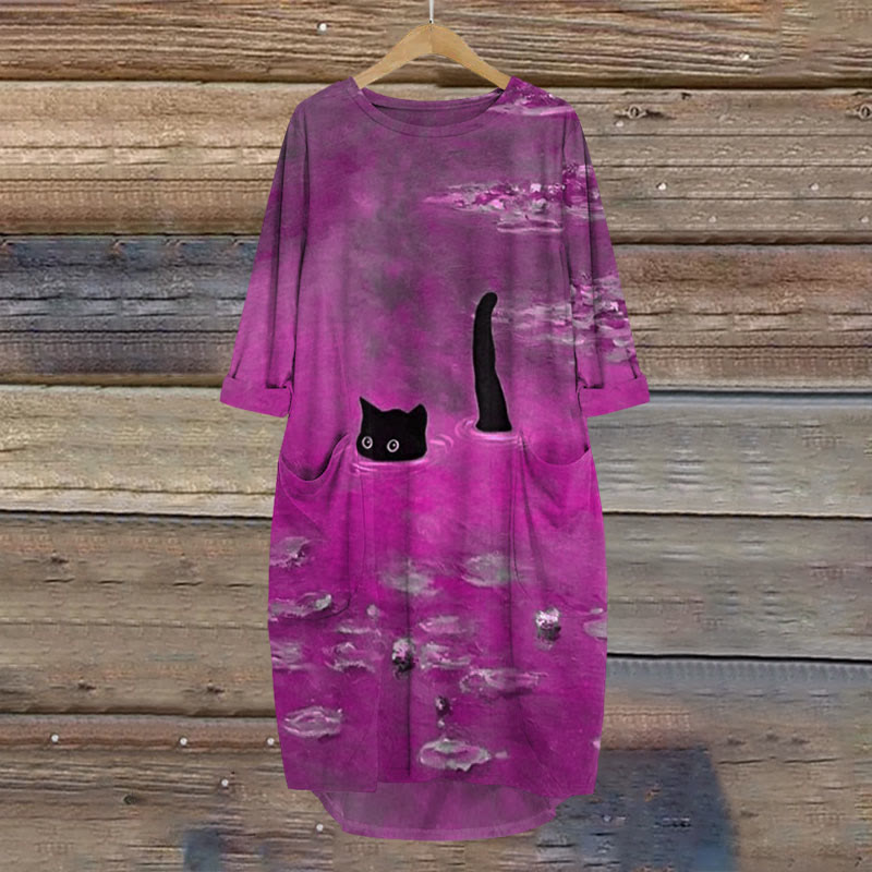 Women's Oil Painting Cat Print Crew Neck Dress - Purple - 8XL - image 4