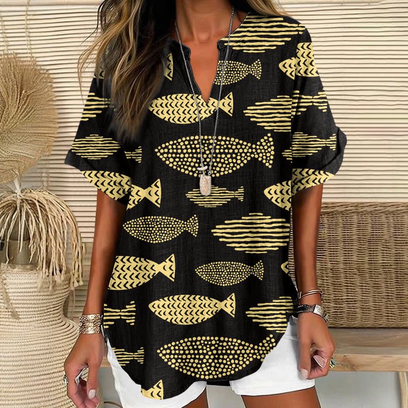 Minimalist Geometric Fish Print Short Sleeve Casual Blouse - Black - 5XL - image 5