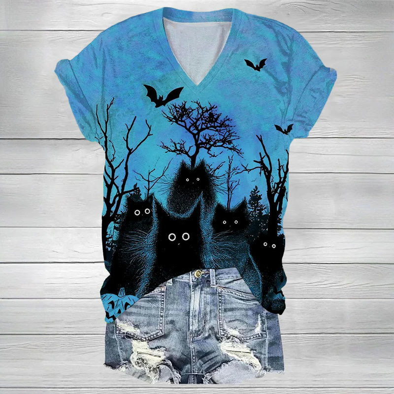 Dashingsoul Halloween Black Cat Print V-neck Short-sleeved T-shirt