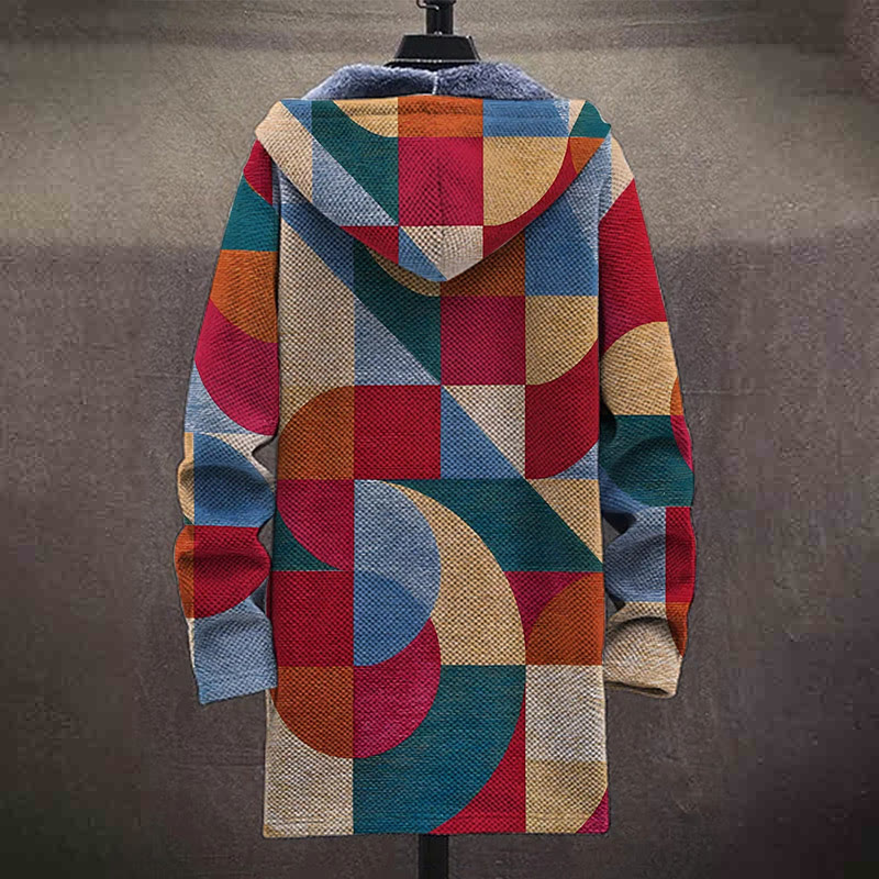Retro Geometric Pattern Patchwork Print Unisex Plush Thick Long-sleeved Fleece Jacket Coat - image 4