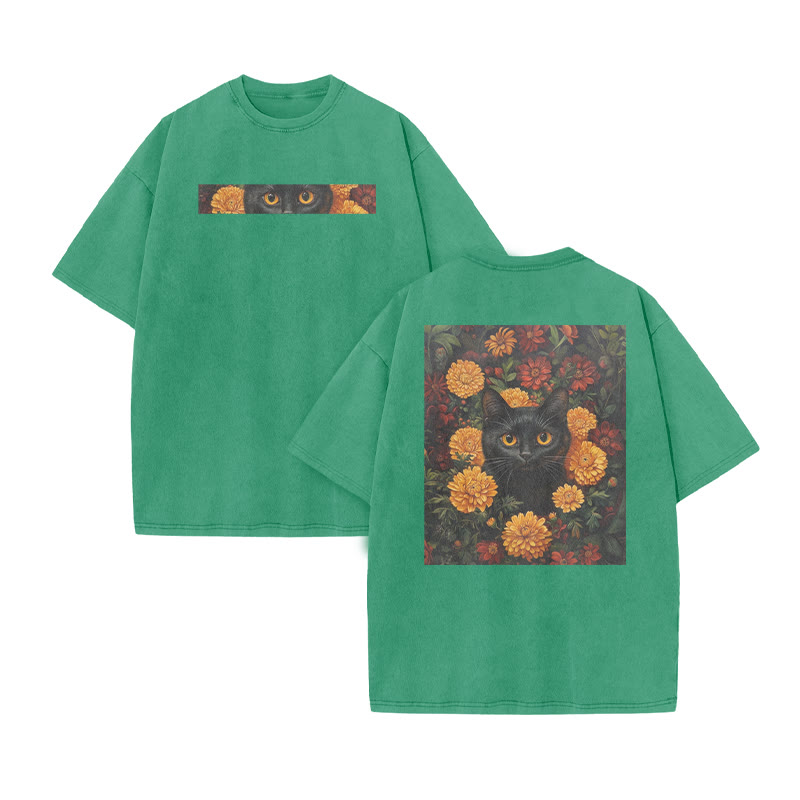 A Black Cat In A Field Of Chrysanthemums Print Acid Washed T-shirt - Green - US20-22(3XL) - image 7