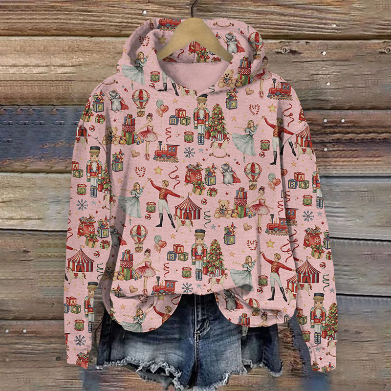 Vintage Romantic Christmas Element Pattern Print Long Sleeve Hoodie - Pink - US44-46(8XL) - image 2