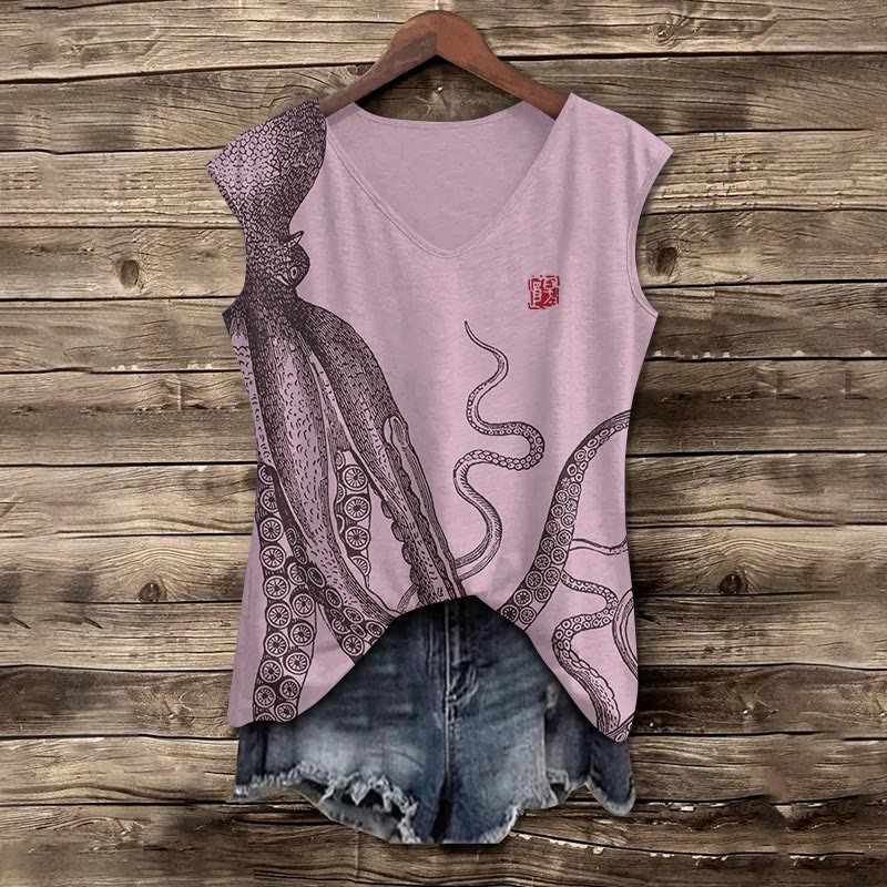 Japanese Art Octopus Print V-neck Tank Top - Pink - 5XL - image 5