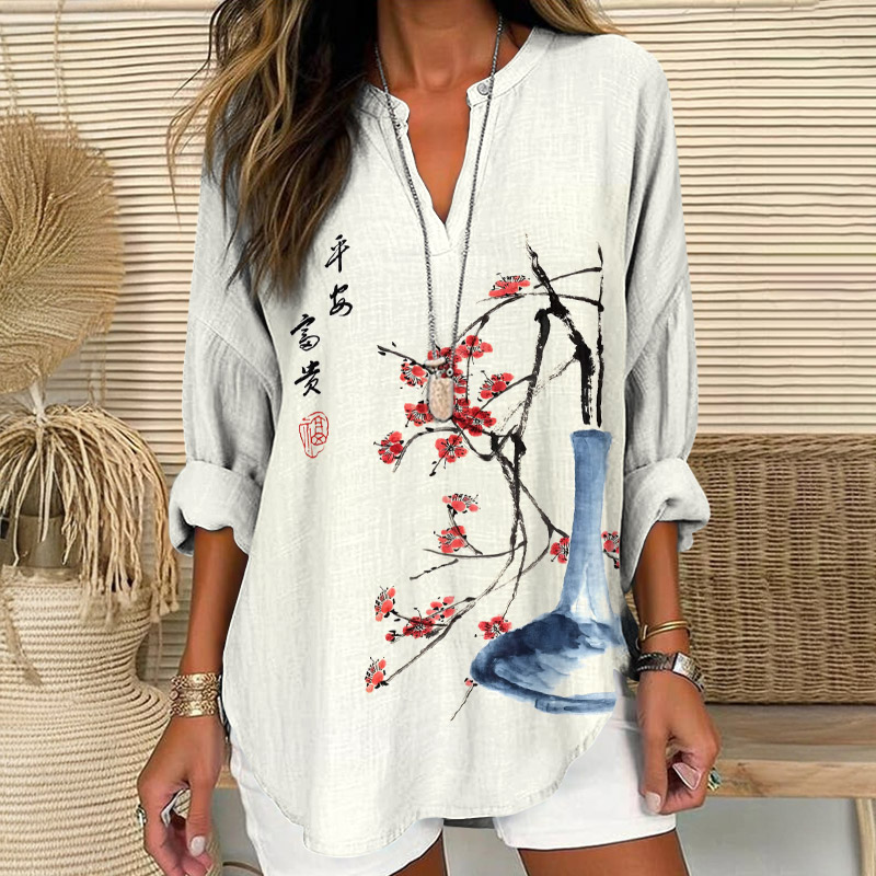 Japanese Retro Plum Blossom Art Print V Neck Long Sleeve Blouse - White - 8XL - image 1