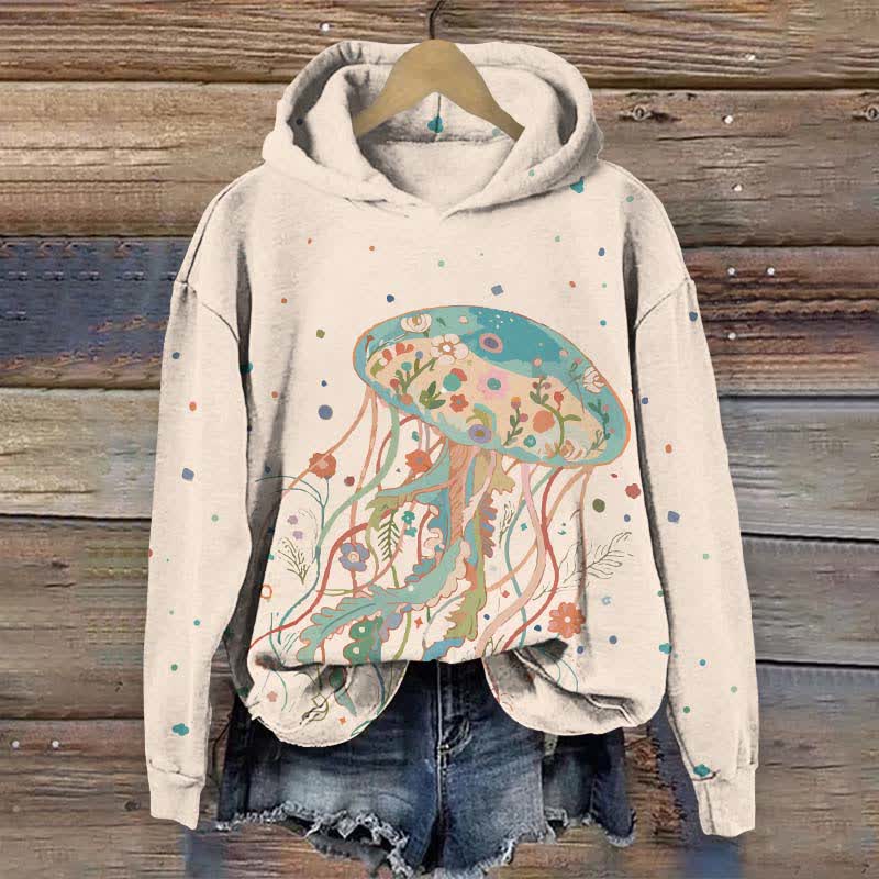 Japanese Creative Floral Jellyfish Art Print Long Sleeve Hoodie - Apricot - US44-46(8XL) - image 5