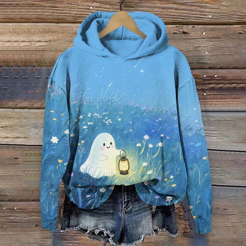 Halloween Lovely Ghost Holding Kerosene Lamp Print Long Sleeve Hoodie - Sky Blue - US44-46(8XL) - image 5