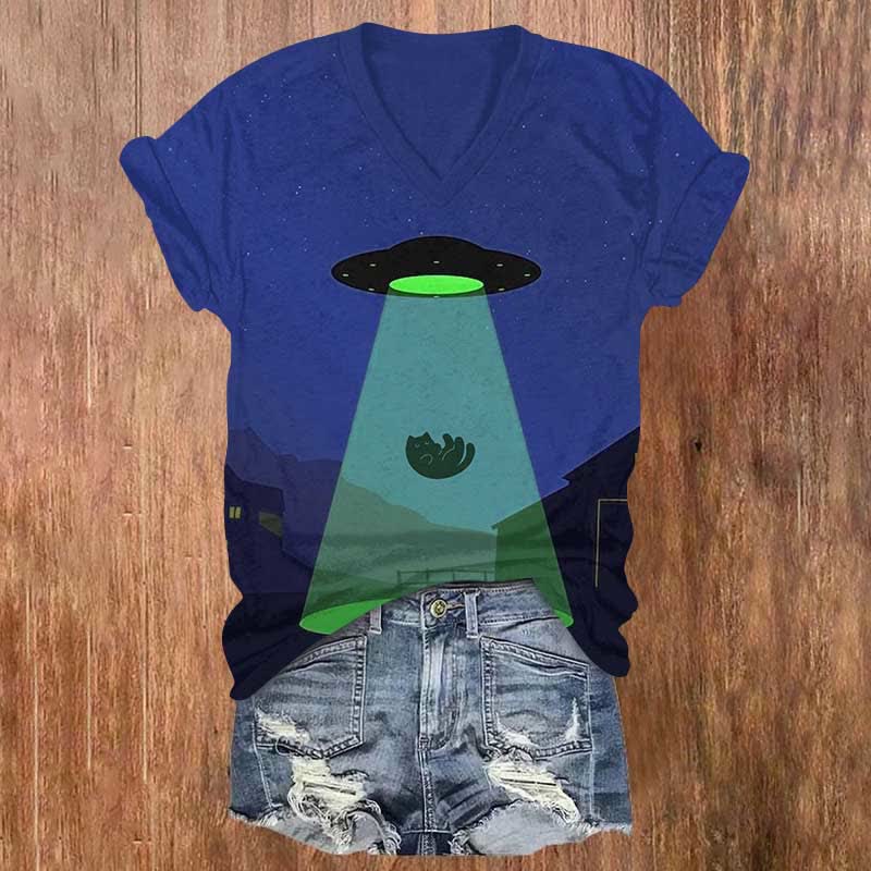Alien Catching  Cat In Farm Art Print V-neck T-shirt - Blue - US32-34(5XL) - image 2