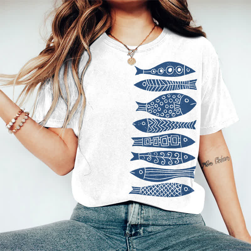 100% Cotton Fish Japanese Lino Art Print Casual T-shirt - White - 2XL - image 5