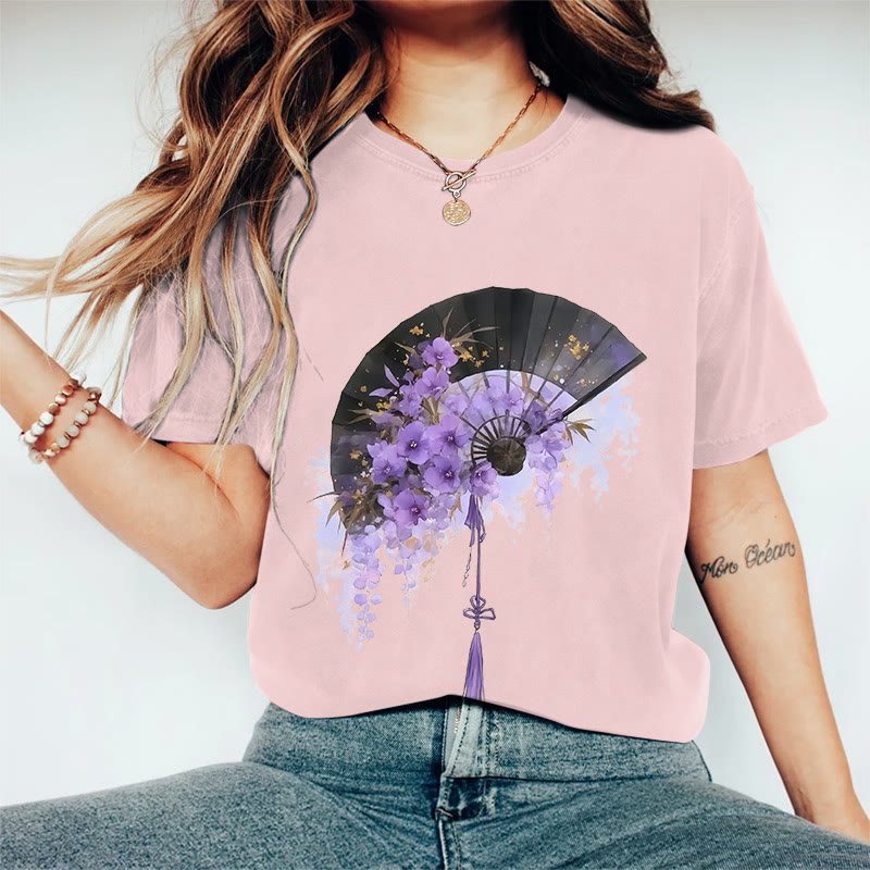 100% Cotton Women's Japanese Style Floral Fan Art Print Casual T-shirt - Pink - 2XL - image 2