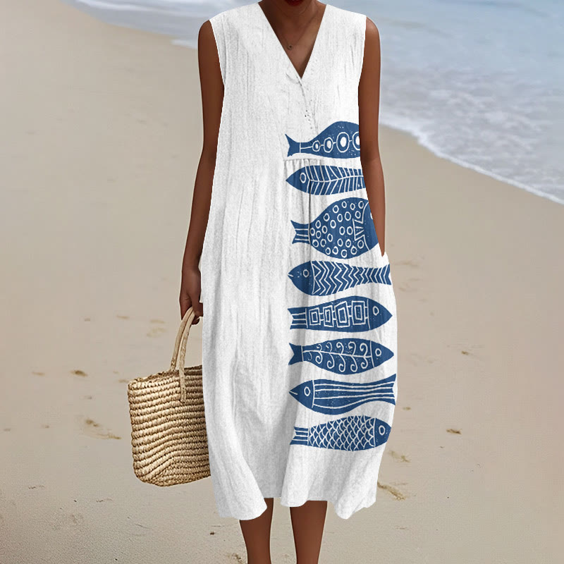 Fish Japanese Lino Art Print V-neck Sleeveless Dress - White - 5XL - image 2