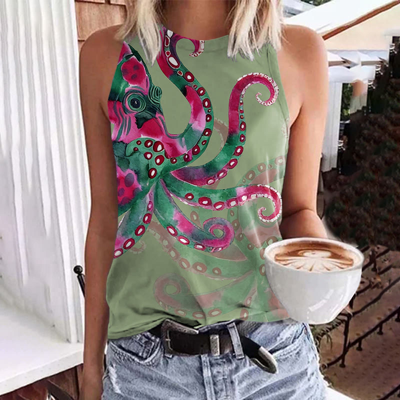 Watercolor Art Octopus Pattern Print Crew Neck Tank Top - Light Green - 5XL - image 4