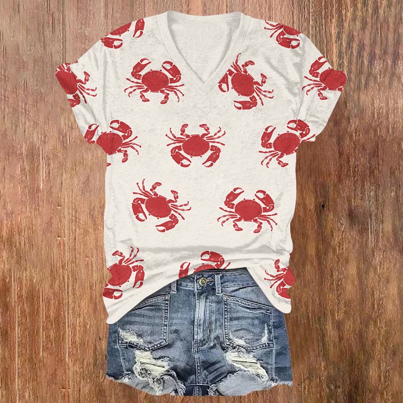 Vintage Crab Swarm Art Print V-neck T-shirt - Red - US32-34(5XL) - image 2