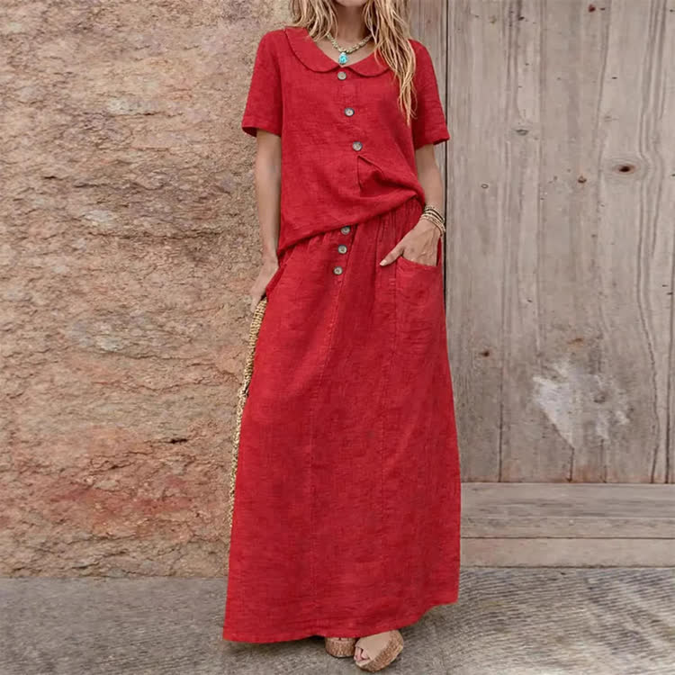 Elegant Solid Buttons Short Sleeve Peter Pan Collar Blouse & Solid Pocket Buttons Skirt Set - Red - 3XL - image 3