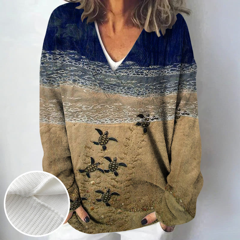 Women's Baby Sea Turtles Beach Fiber Art Print Causal V-neck Pullover Sweater - Navy Blue - 4XL - image 3