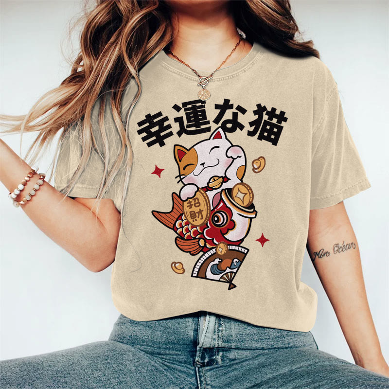100% Cotton Women's Japanese Lucky Cat Art Print Casual T-shirt - Khaki - 2XL - image 4