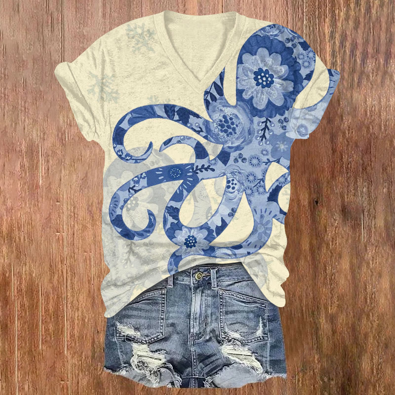 Floral Octopus Art Pattern Print Short Sleeved V-neck T-shirt - Apricot - US32-34(5XL) - image 3