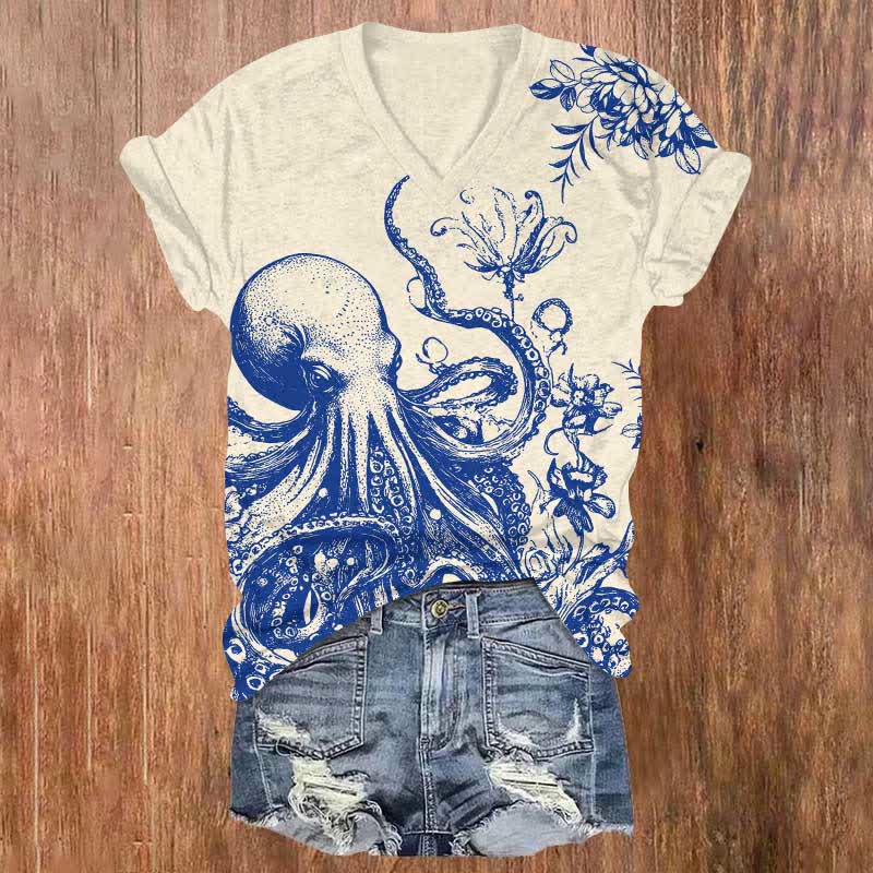 Japanese Watercolor Octopus & Flower Art Print V-neck T-shirt - image 6