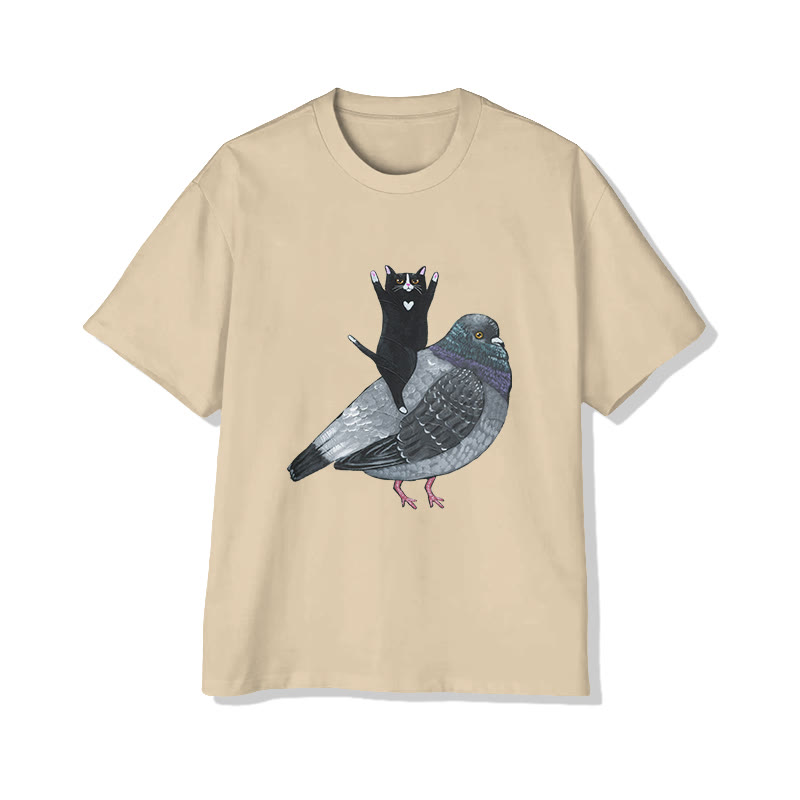 Unisex Funny Black Cat Riding A Bird Print Short Sleeved Crew Neck T-shirt - Apricot - 2XL - image 3