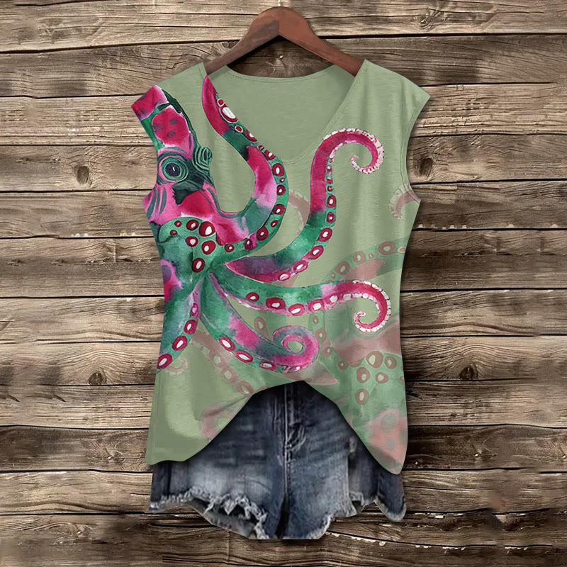 Watercolor Art Octopus Pattern Print V-neck Tank Top - Light Green - 5XL - image 3