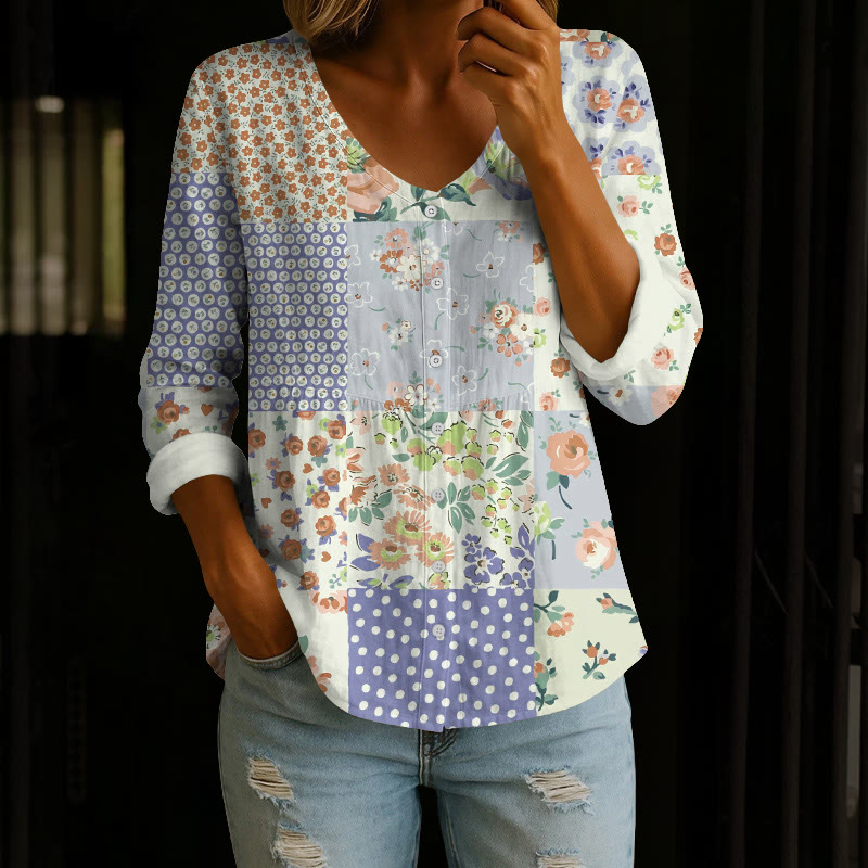Pastoral Romantic Floral Patchwork Print Button V-neck A-line Long Sleeve Blouse - Light Purple - 4XL - image 5