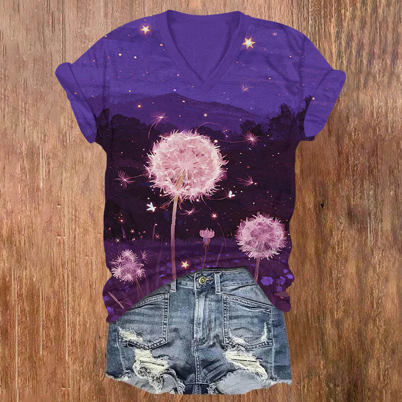 Oil Painting Starry Night Dandelion Print V-neck T-shirt - Purple - US32-34(5XL) - image 2