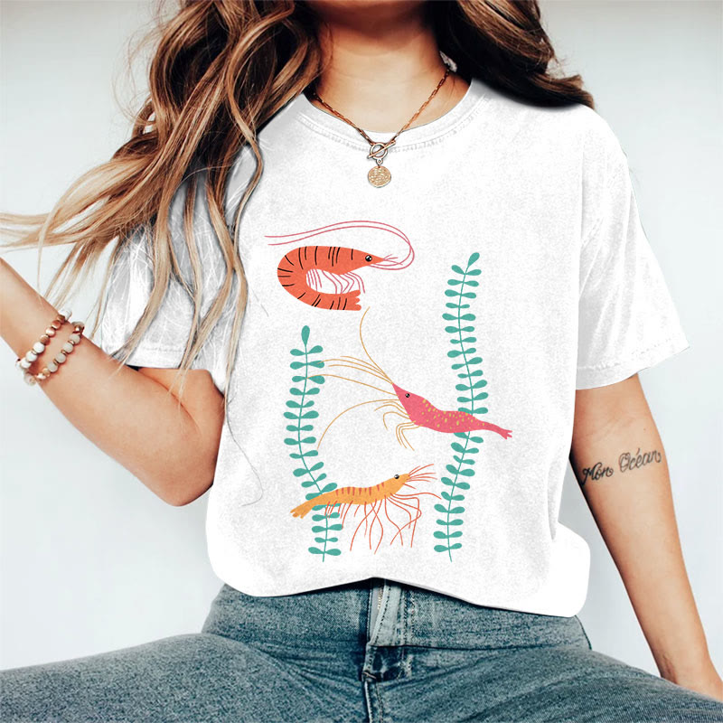 100% Cotton Women's Japanese Creative Colored Shrimps Art Print Casual T-shirt - White - 2XL - image 2