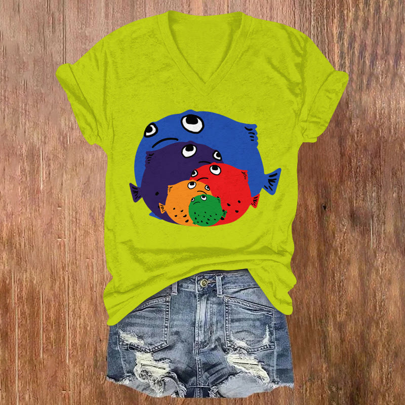 Rainbow Japanese Pufferfish Print Causal T-shirt - Green - US32-34(5XL) - image 2