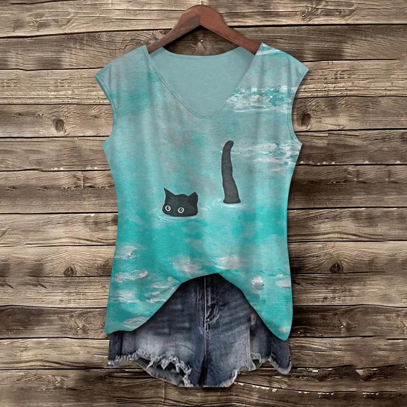 Women's Oil Painting Cat Print V-neck Tank Top - Lake Blue - 5XL - image 3