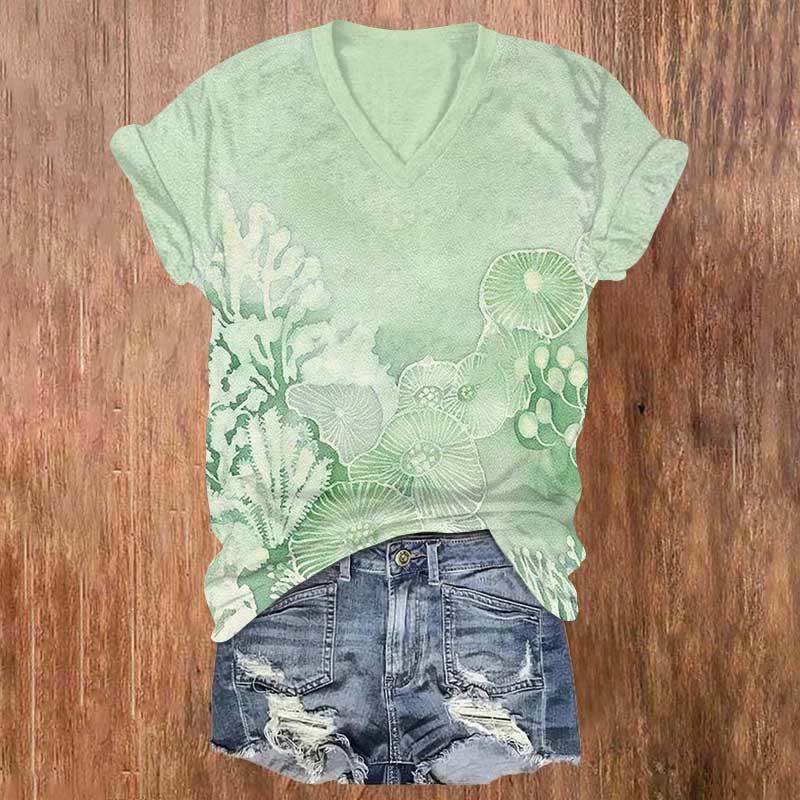 Vintage Transparent Sea Plants Print V-neck T-shirt - Green - US32-34(5XL) - image 3