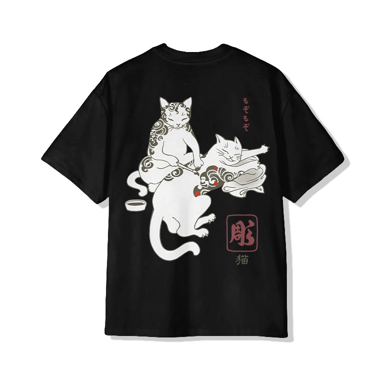 Unisex Fun Cat Tattoo Lounge Short Sleeved Crew Neck T-Shirt - Black - 2XL - image 7