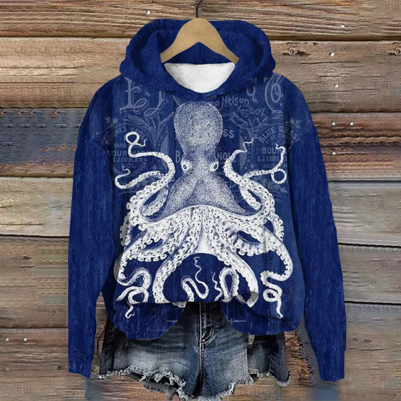 Retro Octopus Text Long Sleeve Hoodie - Blue - 8XL - image 1