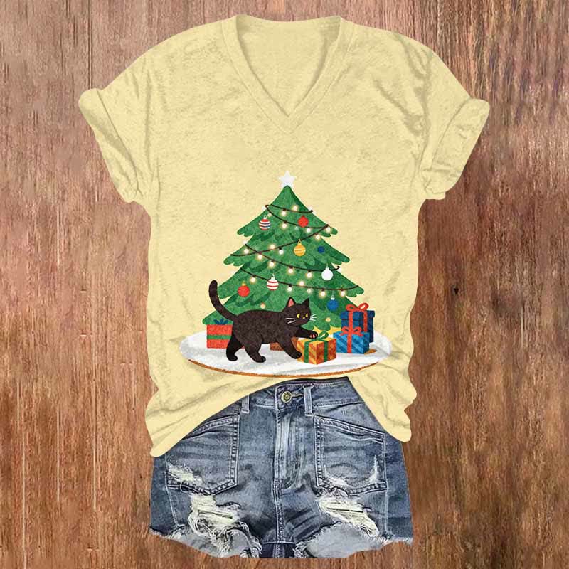 Christmas Tree Gifts & Black Cat Art Print V-neck T-shirt - Apricot - US32-34(5XL) - image 6