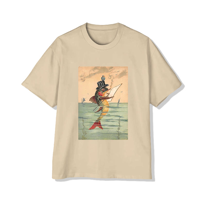 Unisex Vintage Surreal Fish Art Graphic Print Short Sleeved Crew Neck T-shirt - Apricot - 2XL - image 4