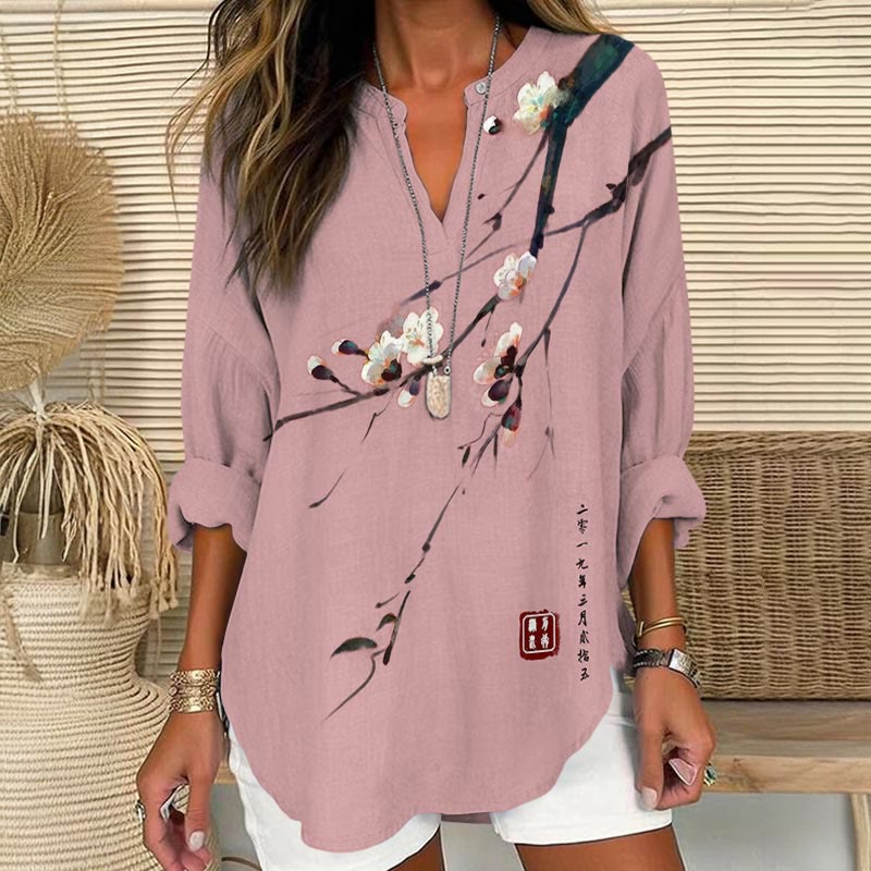 Dashingsoul Vintage Plum Blossom Art Print V Neck Long Sleeve Blouse