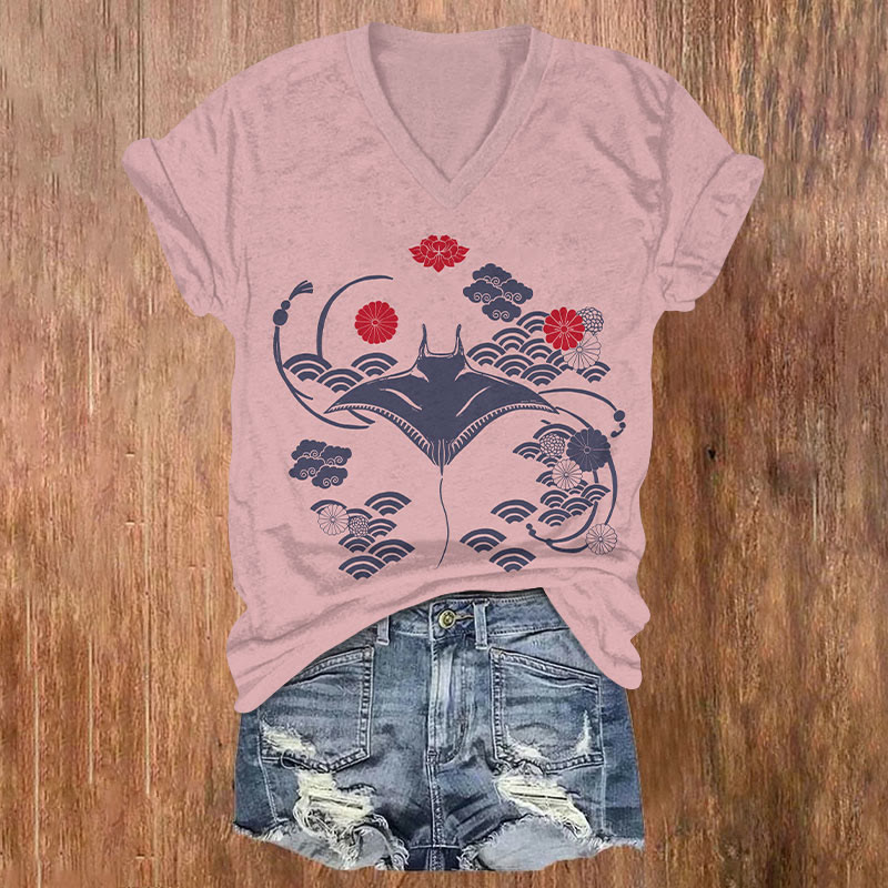 Japanese Floral Wave Ray Art T-shirt - Pink - US32-34(5XL) - image 3