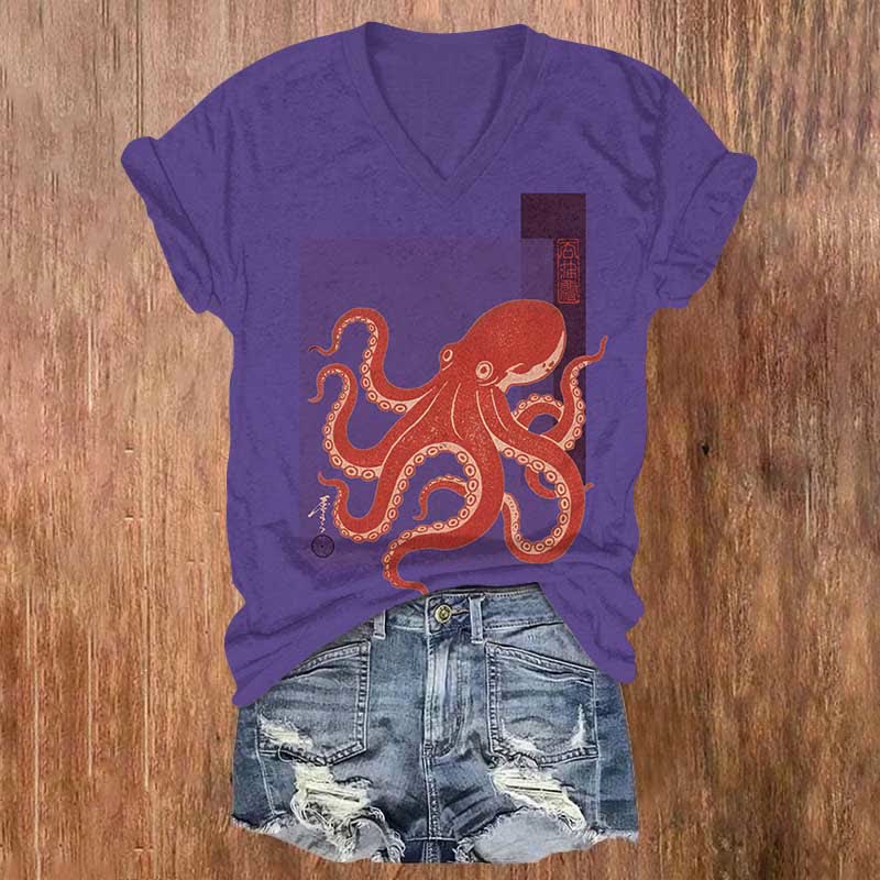 Japanese Cute Red Octopus Art Print V-neck T-shirt - Purple - US32-34(5XL) - image 6