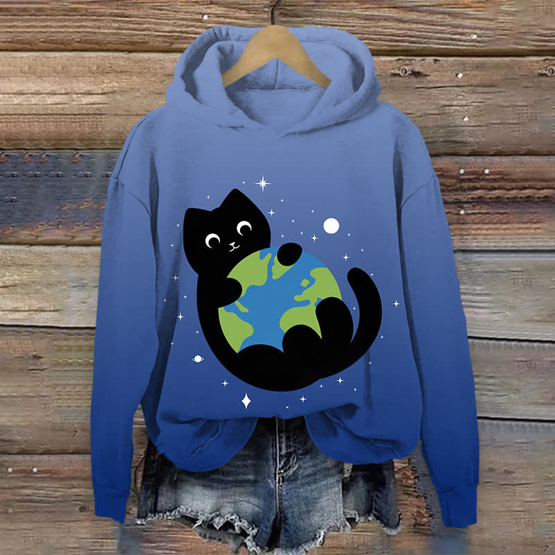 Japanese Lovely Black Cat Holding The Earth Art Print Long Sleeve Hoodie - Ombre Blue - US44-46(8XL) - image 9