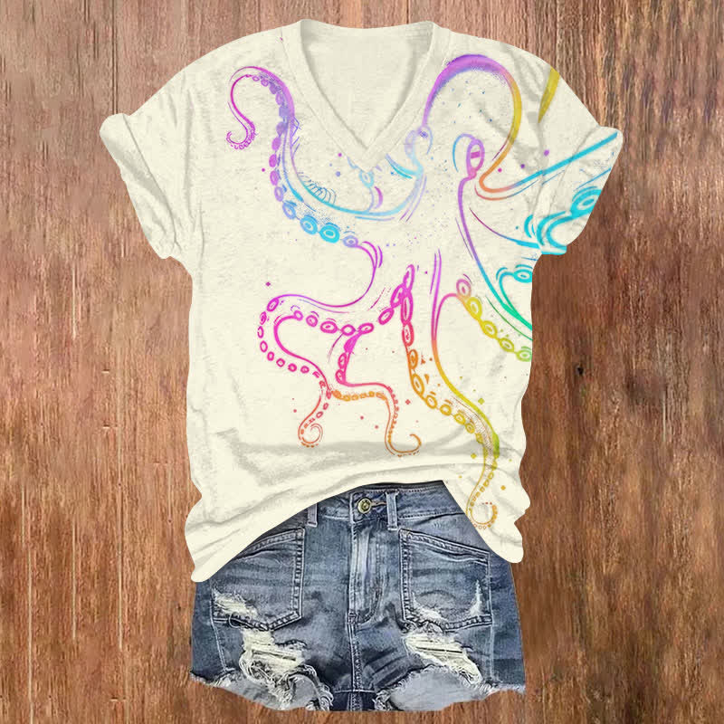 Vintage Rainbow Line Octopus Art Print V-neck T-shirt - Beige - US32-34(5XL) - image 5