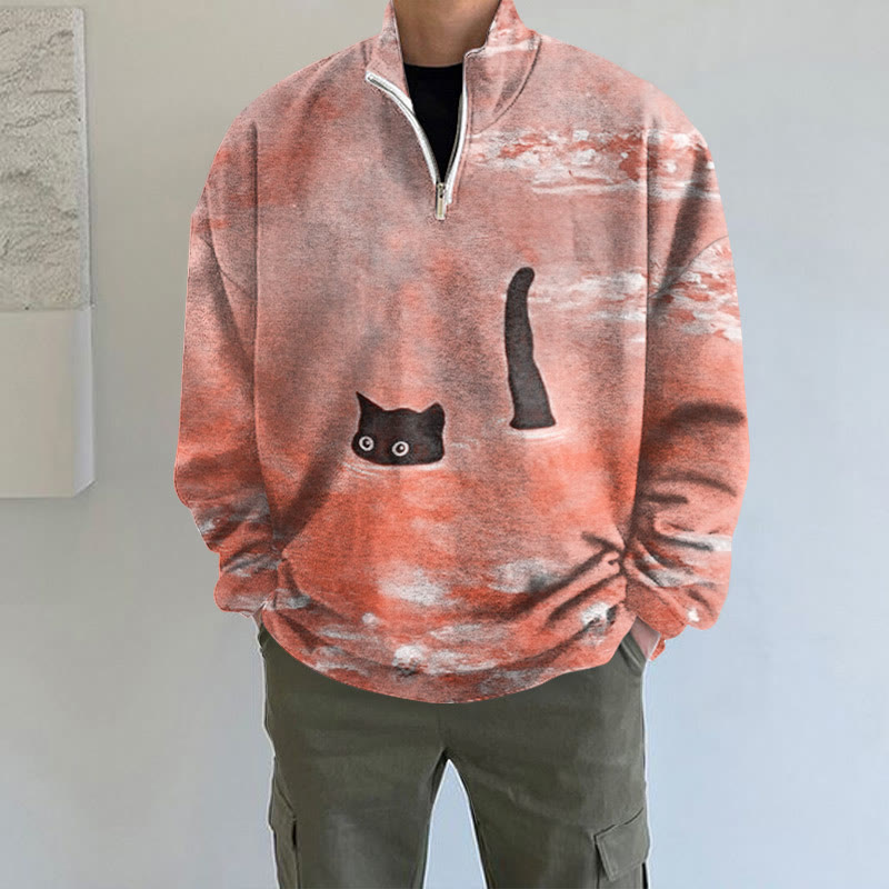 Women's Oil Painting Cat Print Long Sleeve Zipper Sweatshirt - Orange - 5XL - image 5