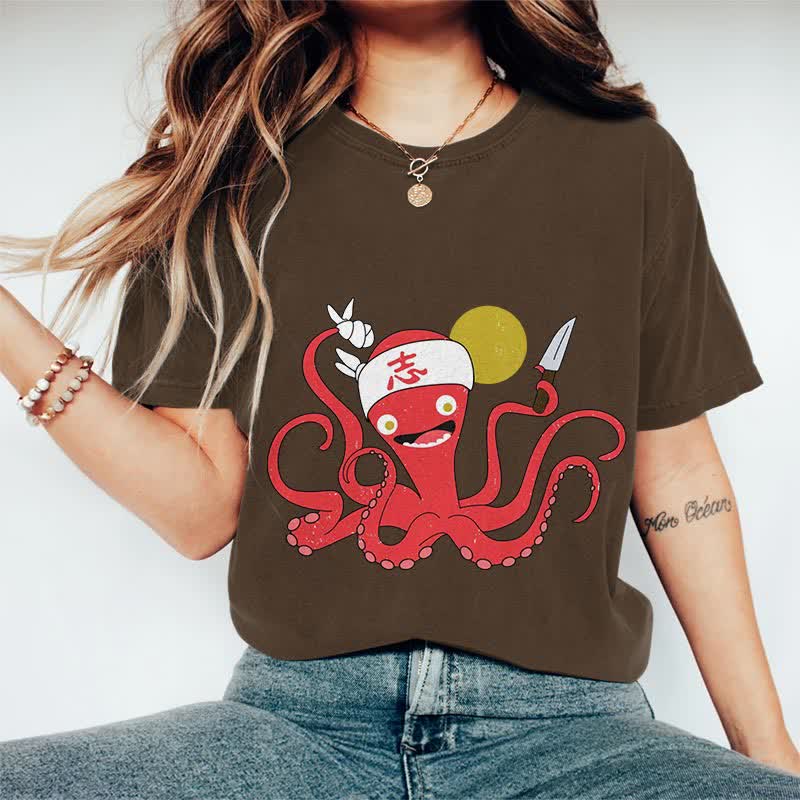 100% Cotton Japanese Funny Octopus Chef Art T-shirt - Coffee - 2XL - image 9